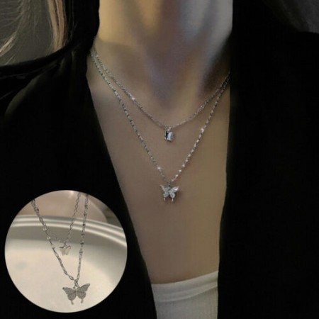 Butterfly Necklace for Women Double Layer Clavicle Chain